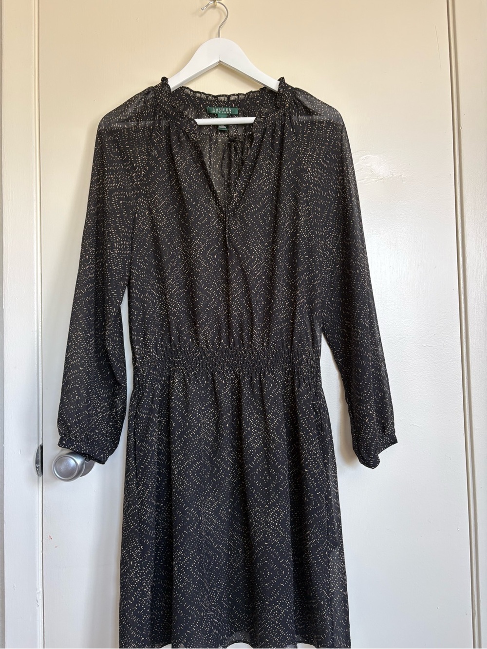 Lauren Ralph Lauren Black Long Sleeve Smocked-Waist Patterned Dress Size 10